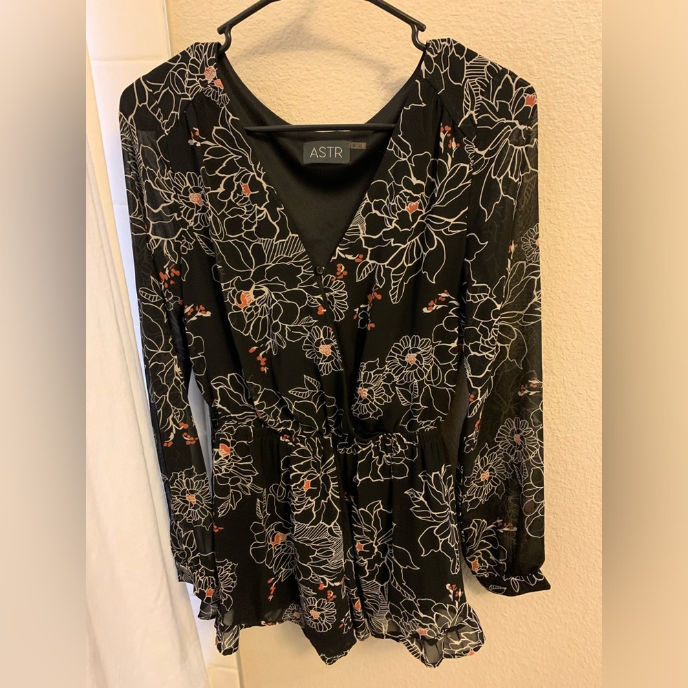 Black Floral Long Sleeve V Neck Romper